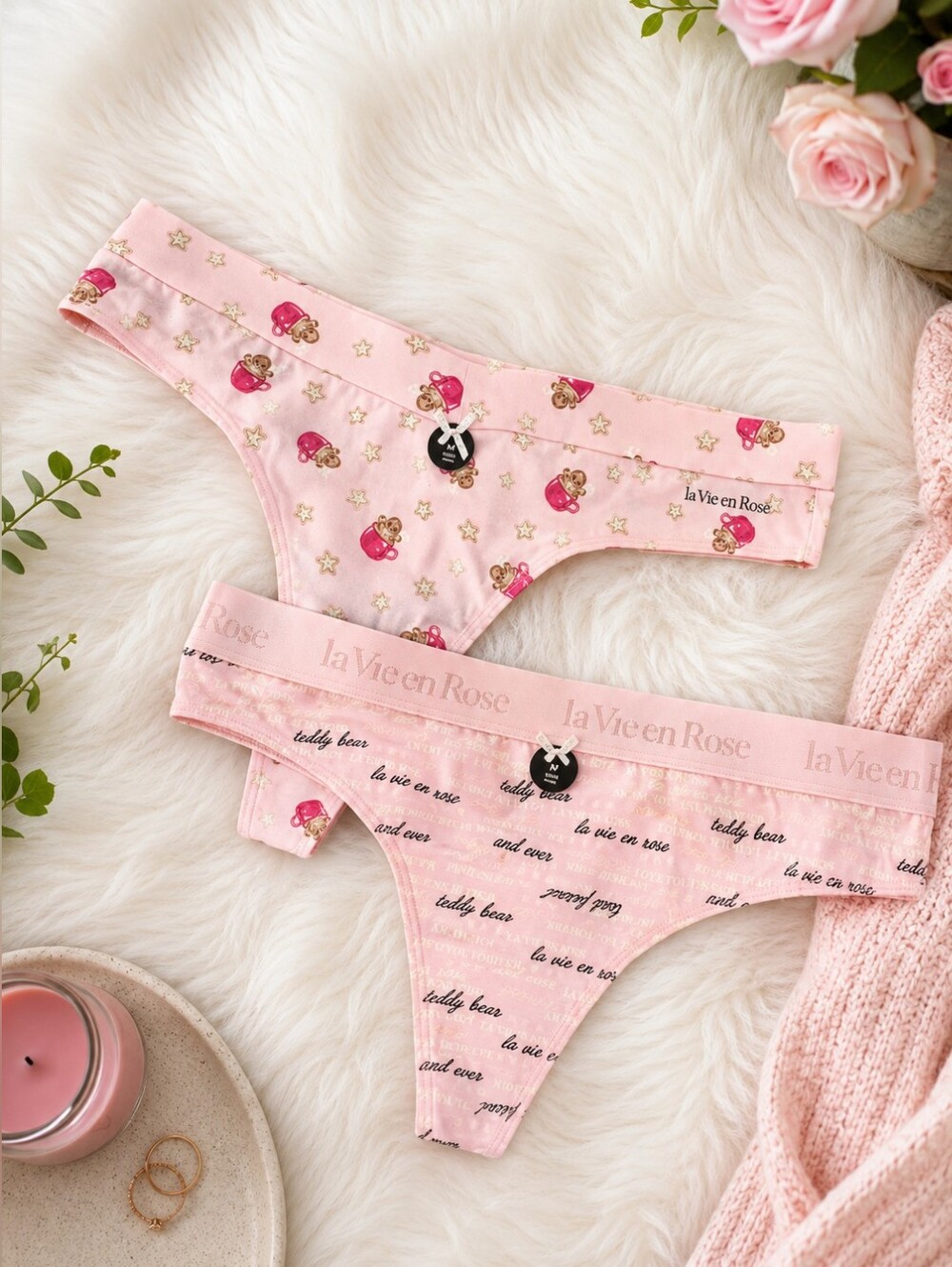 💙 2 Pc La Vie En Rose Pink Printed Thongs